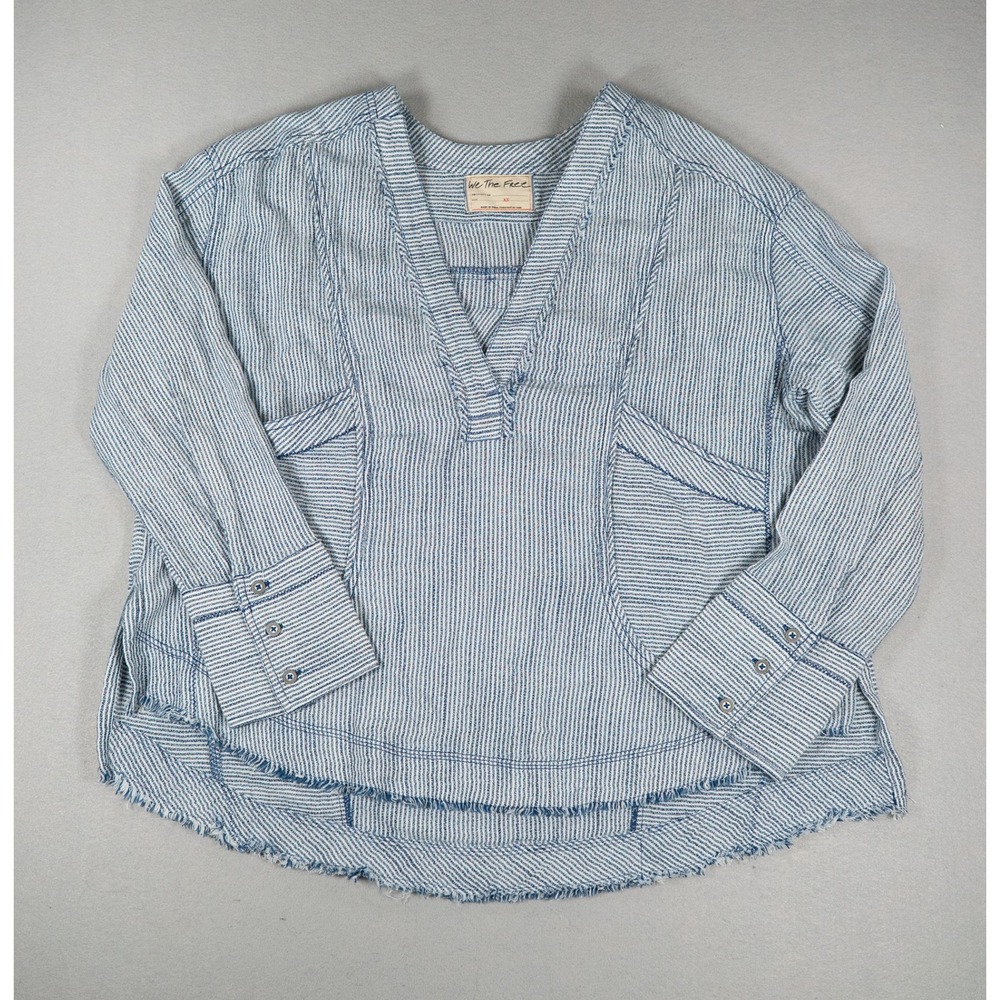 We The Free Womens XS Tunic Top Blue White Striped V-Neck Frayed Hem Relaxed